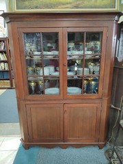Large Antique Wood 4 Door Corner Cabinet With Crown Molding