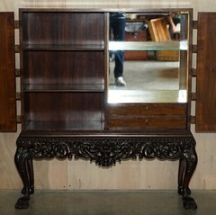 ANTIQUE BURR WALNUT LION HAIRY PAW FEET DRINKS CABINET WILLIAM & MARY STYLE