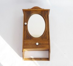 Small Antique Wooden Hanging Cabinet with Oval Mirror and Carved Floral Details