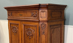 Antique French Double Door Cabinet Cupboard Carved Honey Oak Drawer early 20th