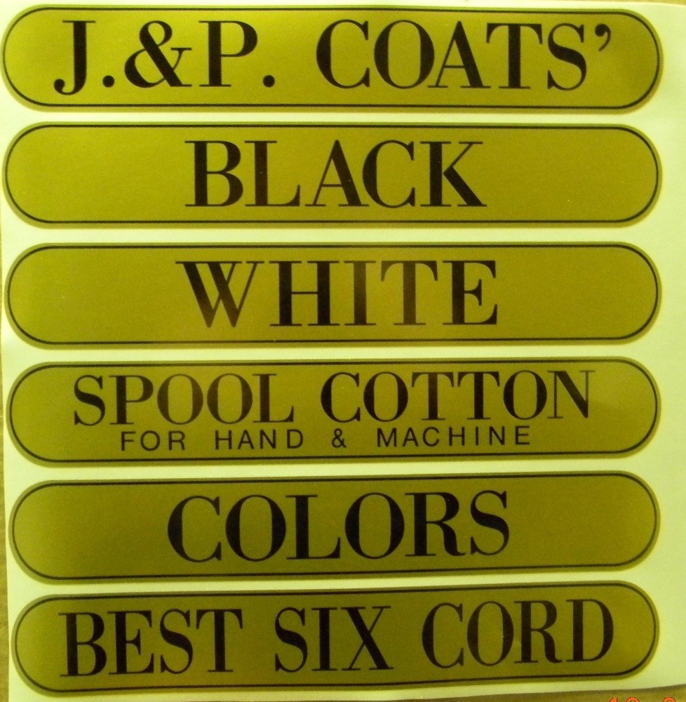 J & P COATS SPOOL CABINET DECALS 6 PIECE SET / Black on Gold 10 1/4 X 1 5/8