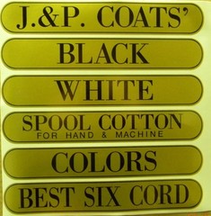 J & P COATS SPOOL CABINET DECALS 6 PIECE SET / Black on Gold 10 1/4 X 1 5/8