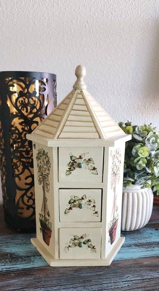 Vtg Wooden Trinket Jewelry Box Cabinet Tole Painted Topiary Cottagecore