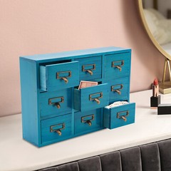 Desk Drawer Organizer Wooden Rustic Cabinet with 9 Drawers Blue