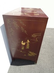 Vintage Chinese Asian Burgundy Lacquer Floral Chinoiserie Cabinet ~ Side Table