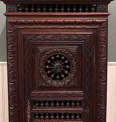 Antique French Breton Armoire Wardrobe Linen Cabinet Drawer Carved Chestnut 19th