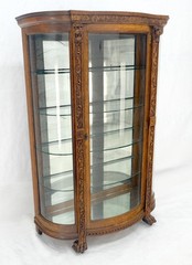 Fine Carved Tiger Oak Lion Feet & Head Curved Glass China Cabinet c1880s MINT!