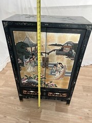 Mid Century Chinese Console Cabinet Double doors, Two Drawers Chinoiserie Carved