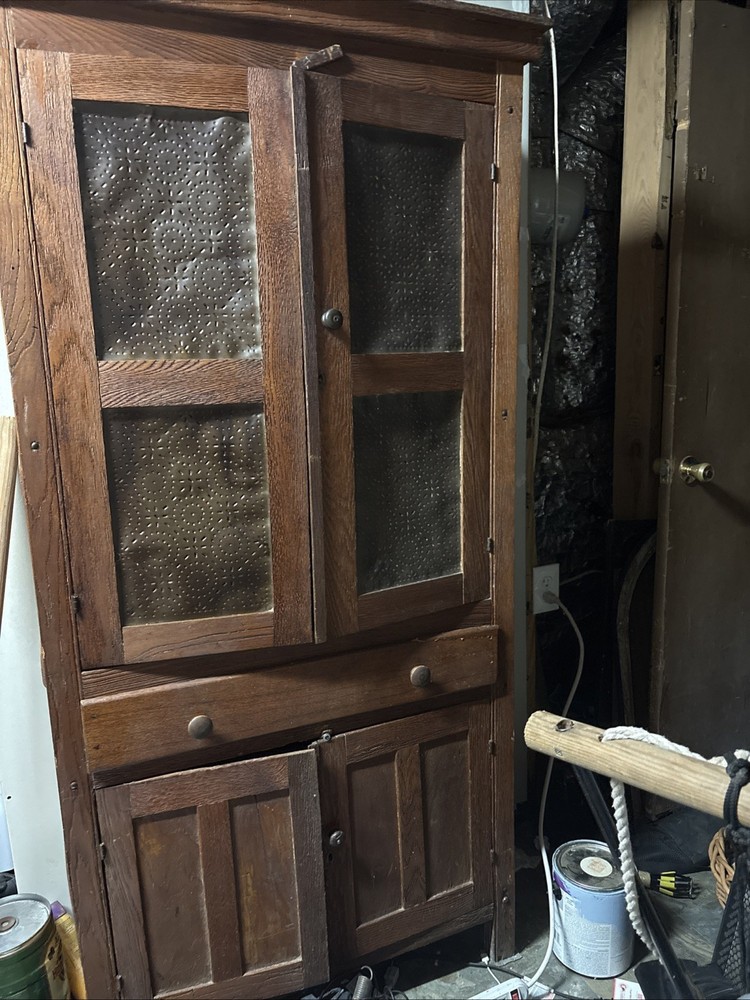 Antique Pie Safe Cabinet With Distinctive Design Stamped In Metal