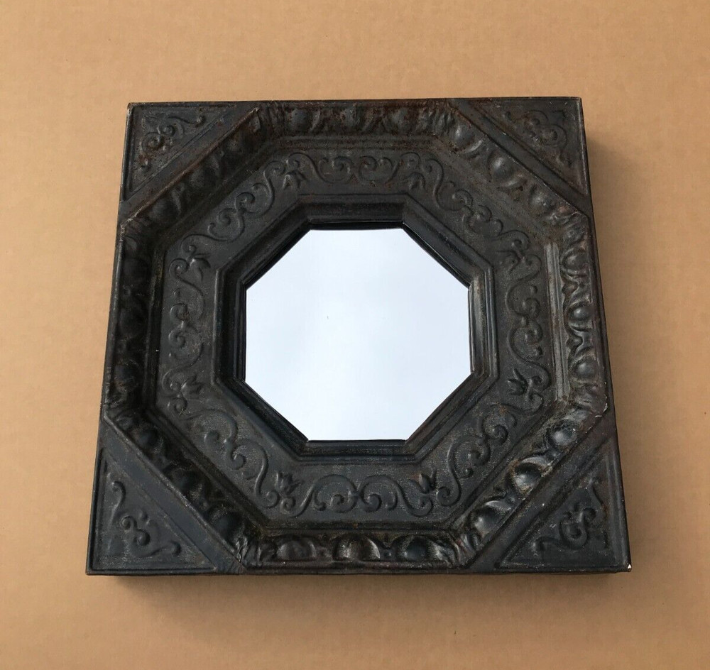 Vintage Tin Ceiling 23″ Sq. Rust Tung Oil Metal 11″ Octagon Mirror Old 1893-23B