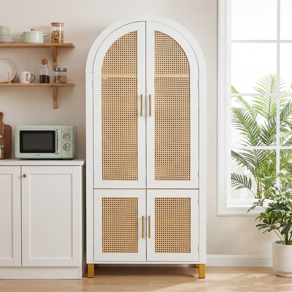 71″ Tall Rattan Cabinet, Arched Doors Adjustable Shelves, Farmhouse Oak