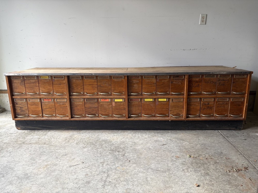 Vintage multi drawer apothecary wood cabinet woodworker carpenter bin storage