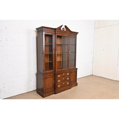 Drexel Heritage Georgian Carved Mahogany Lighted Breakfront Bookcase Cabinet