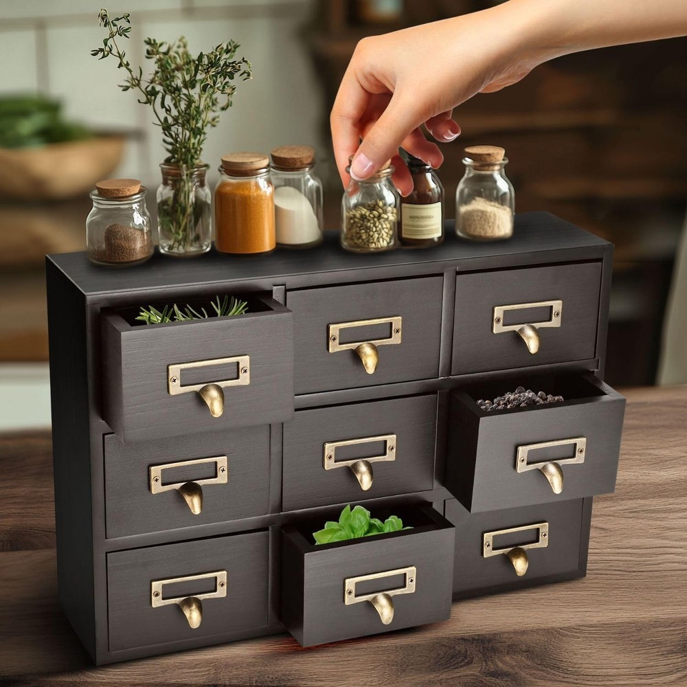 Apothecary Cabinet 9 Drawers Wooden Desktop Organizer for Home Office Jewelry