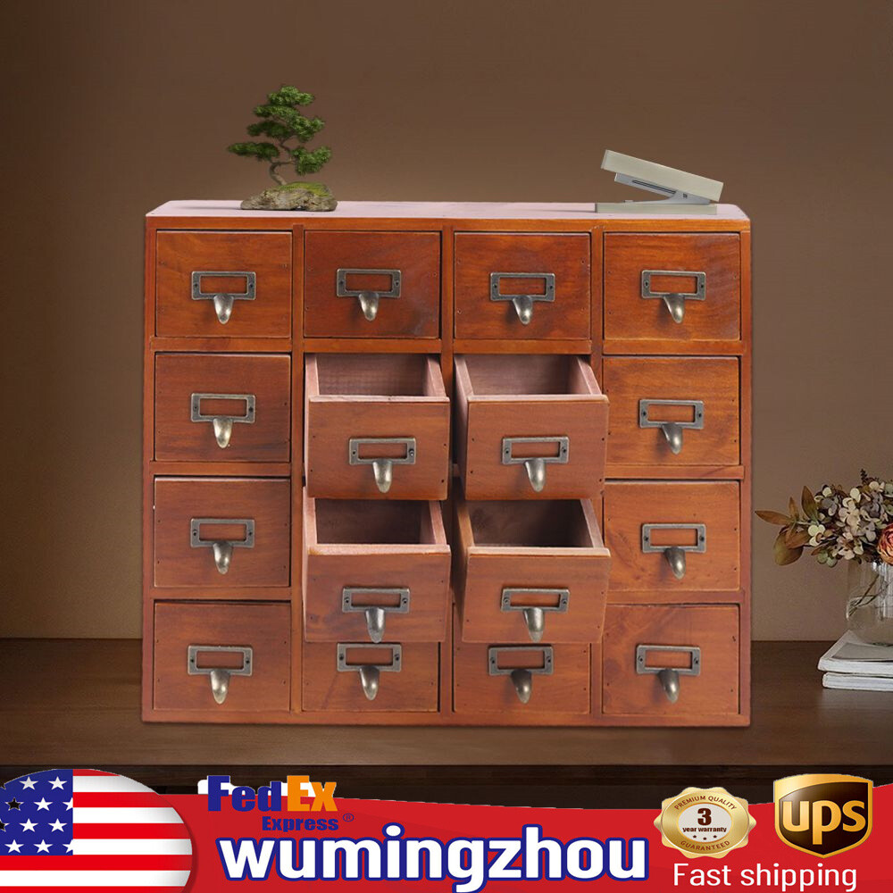 Antique Apothecary Cabinet Wood Box with 16 Drawers Desk Drawer Organizer Box