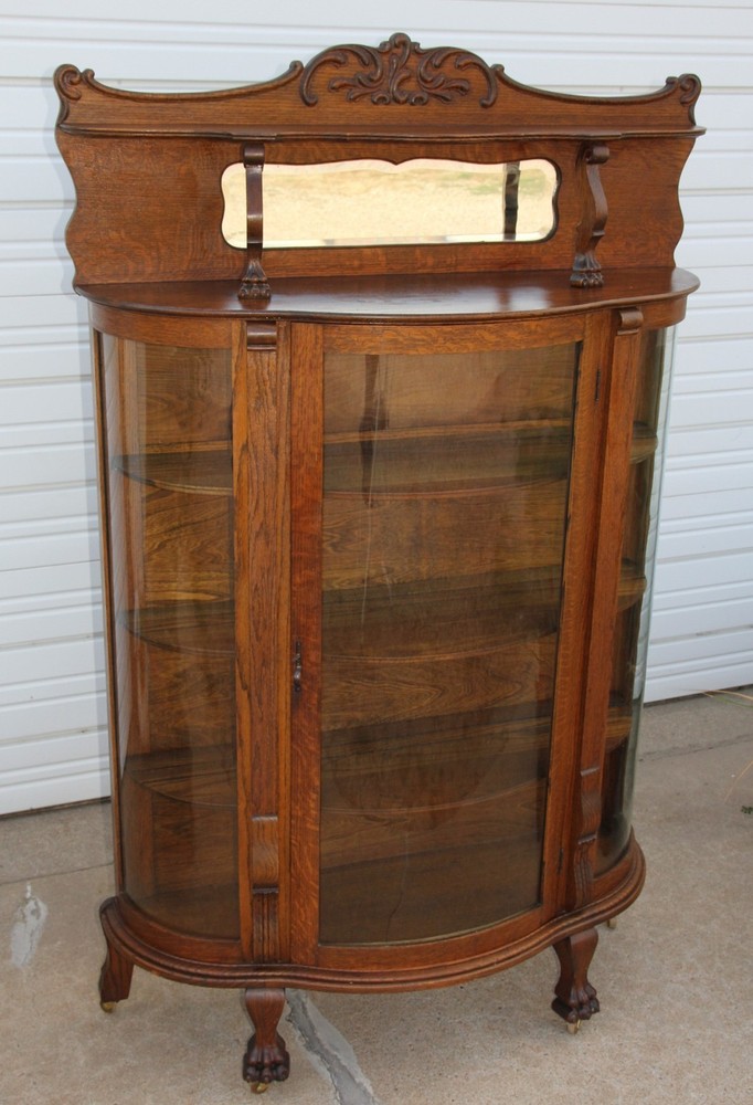 Antique Quartersawn Oak Curved Glass China Cabinet Bevel Canopy Mirror Claw Feet