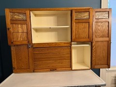 Sellers Antique Oak Hoosier Cabinet, Built-in Flour Sifter, Glass Sugar & Spice