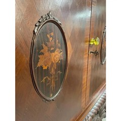 Late 1800’s Antique Cross Hatched Inlay Mahogany Cabinet with Key, Hand Carved