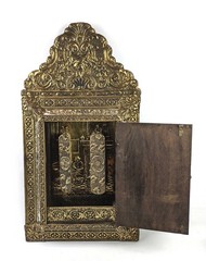 Antique Ornate Brushes Hammered Brass Mirrored Cabinet Shoe Shine Cabinet