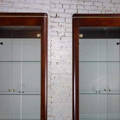 Modern Pair Lighted Display Cabinets by Bassett Furniture Cherrywood & Brass