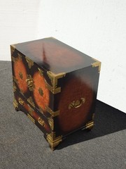Vintage Asian Korean Tansu Style Burl Cabinet Side Table w Brass Hardware