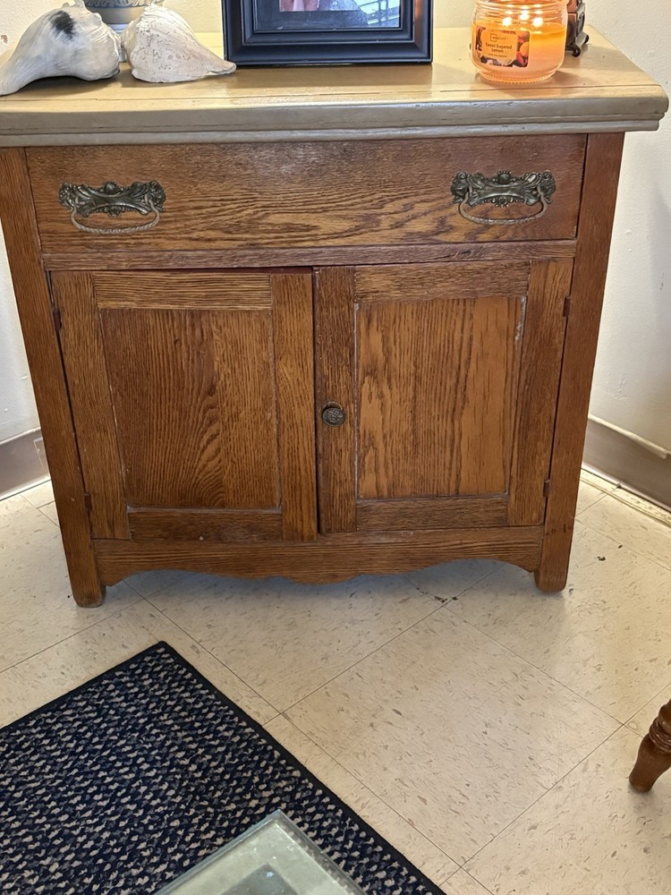 Antique Brown Wood Cabinet Raised Panel Doors Brass Handles Drawer Stained