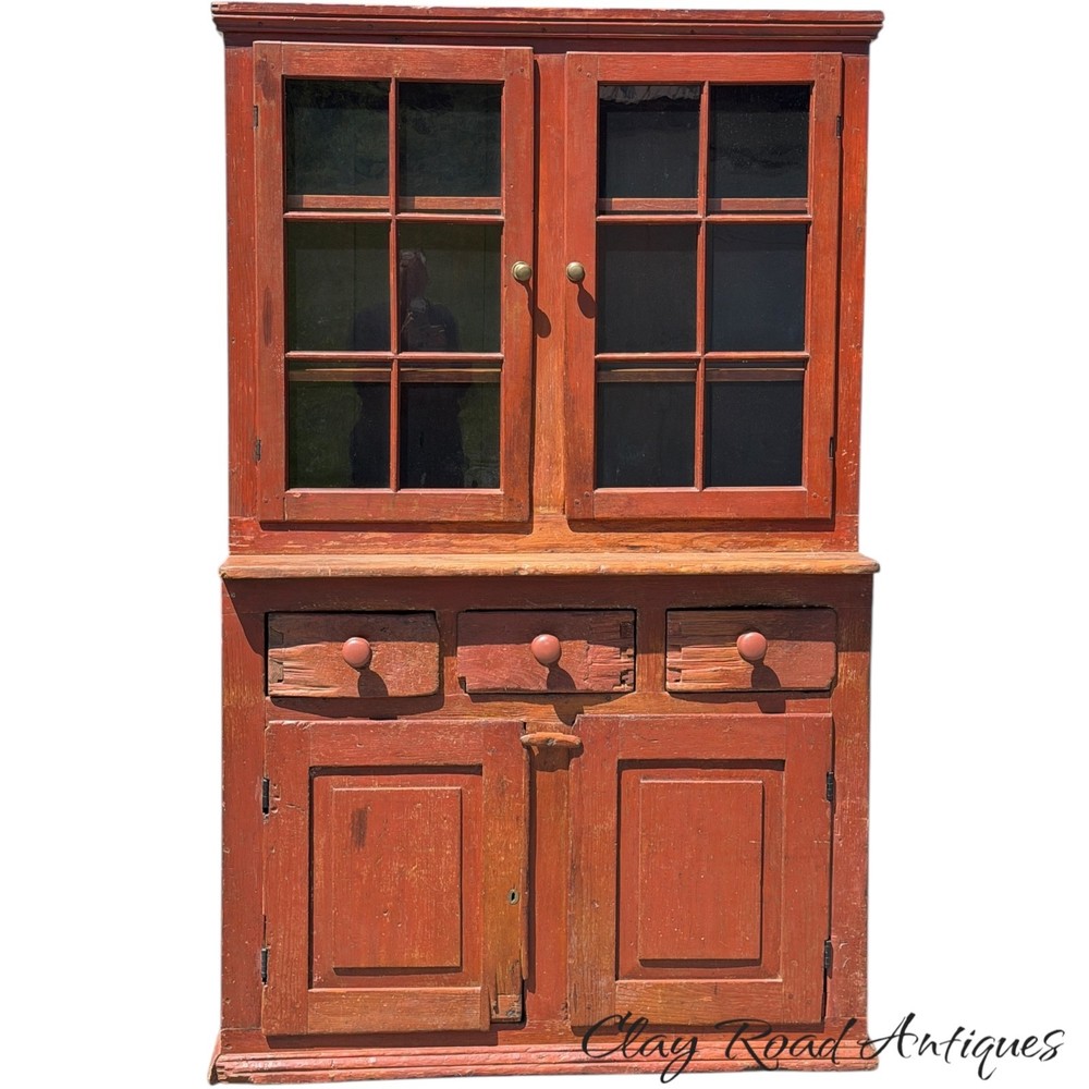 Antique Red painted 12 light primitive cupboard step back farm house country
