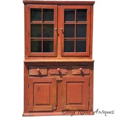 Antique Red painted 12 light primitive cupboard step back farm house country