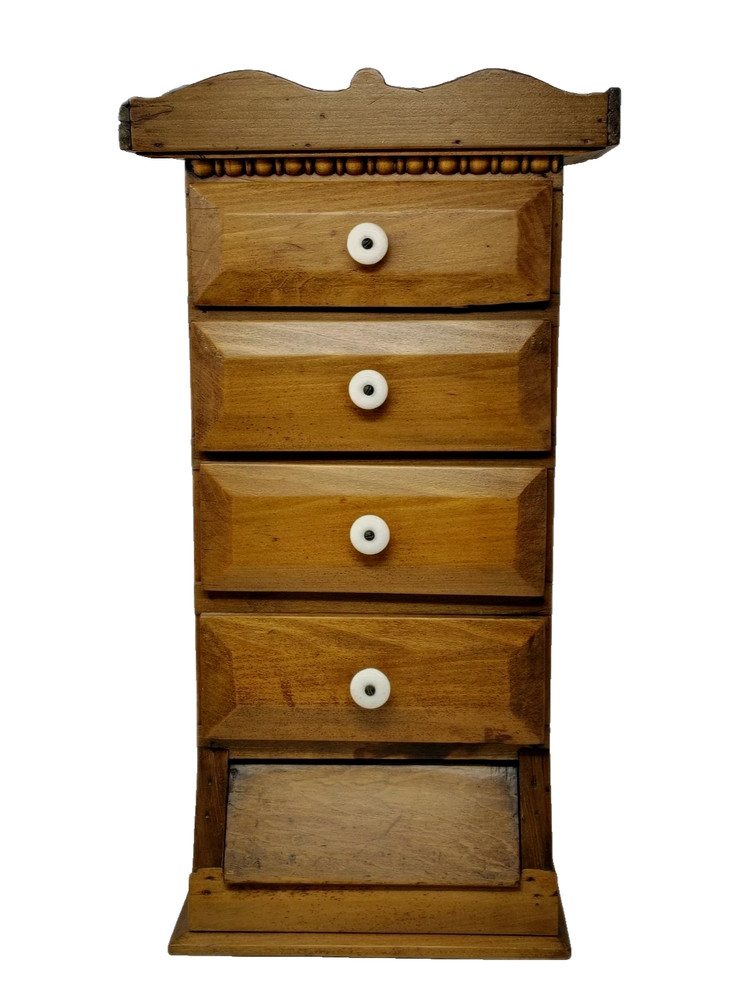 Antique Wood Apothecary Cabinet Wall Table Chest Drawer Porcelain Knob Tea Spice