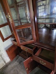 Antique American Colonial Cherry Wood Wavy Glass Door China Cabinet Hutch