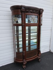 Late 1800s Large Tall Tiger Oak Leaded Stain Glass Curio Cabinet Cupboard 6573
