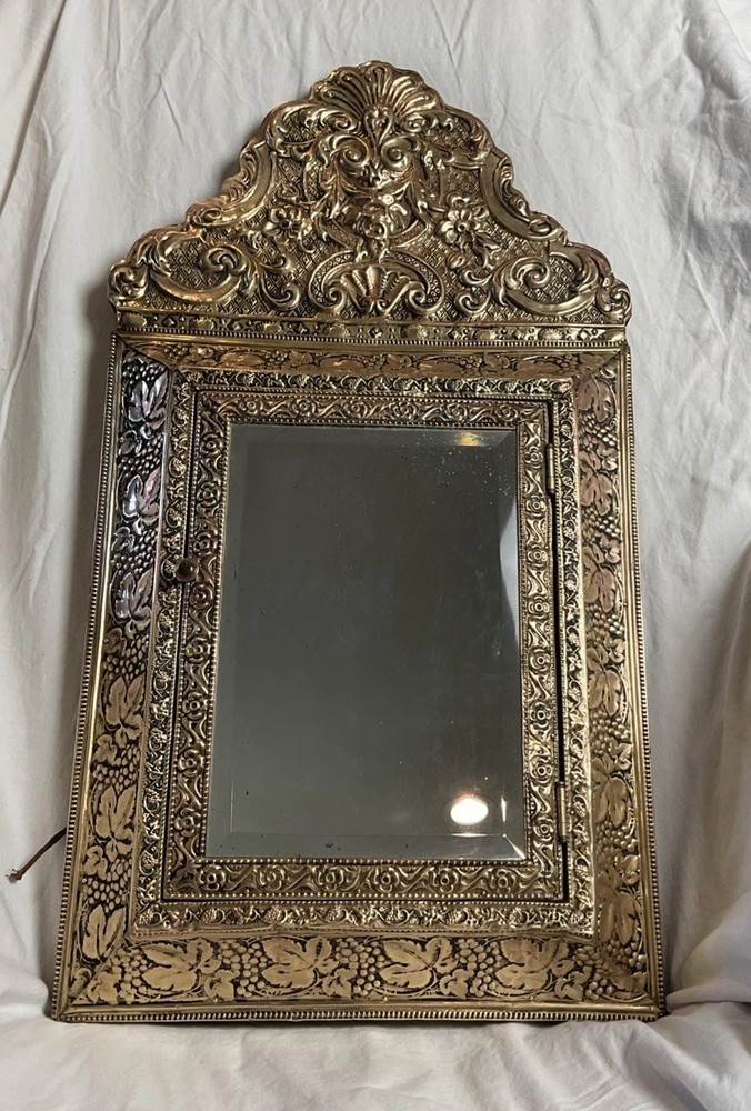 Antique Dutch copper & brass With Beveled Mirror , Brush Cabinet