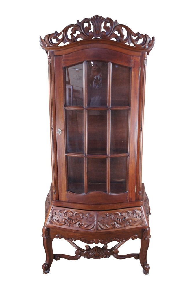 Victorian Revival French Rococo Style Mahogany Display Cabinet Vitrine Curio 74″