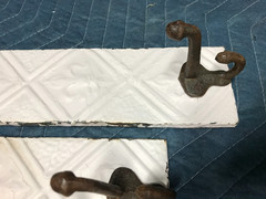 VTG Pair Decorative Tin Ceiling Metal Single Hook Wall Rack Plaque Old 405-26B
