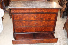 French Antique Tiger Mahogany Louis Philippe Marble Top Chest / Sideboard