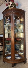 Antique Oak Corner Curio China Cabinet Beveled Glass Carved 80.75″ with Casters