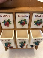 Antique Wood/Ceramic Apothecary Spice Cabinet 9 Labeled Drawers