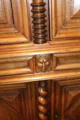 17th c French Louis XIV Baroque Flame Walnut Two Part Cupboard