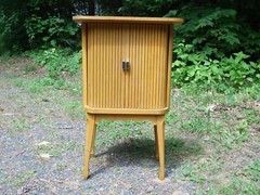 Vintage Mid Century Modern Blonde Tambour Door Cabinet Table Stand
