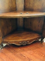Pair (2) of French Corner Cabinets -Ash and Burl  – Glass/wood doors & shelves