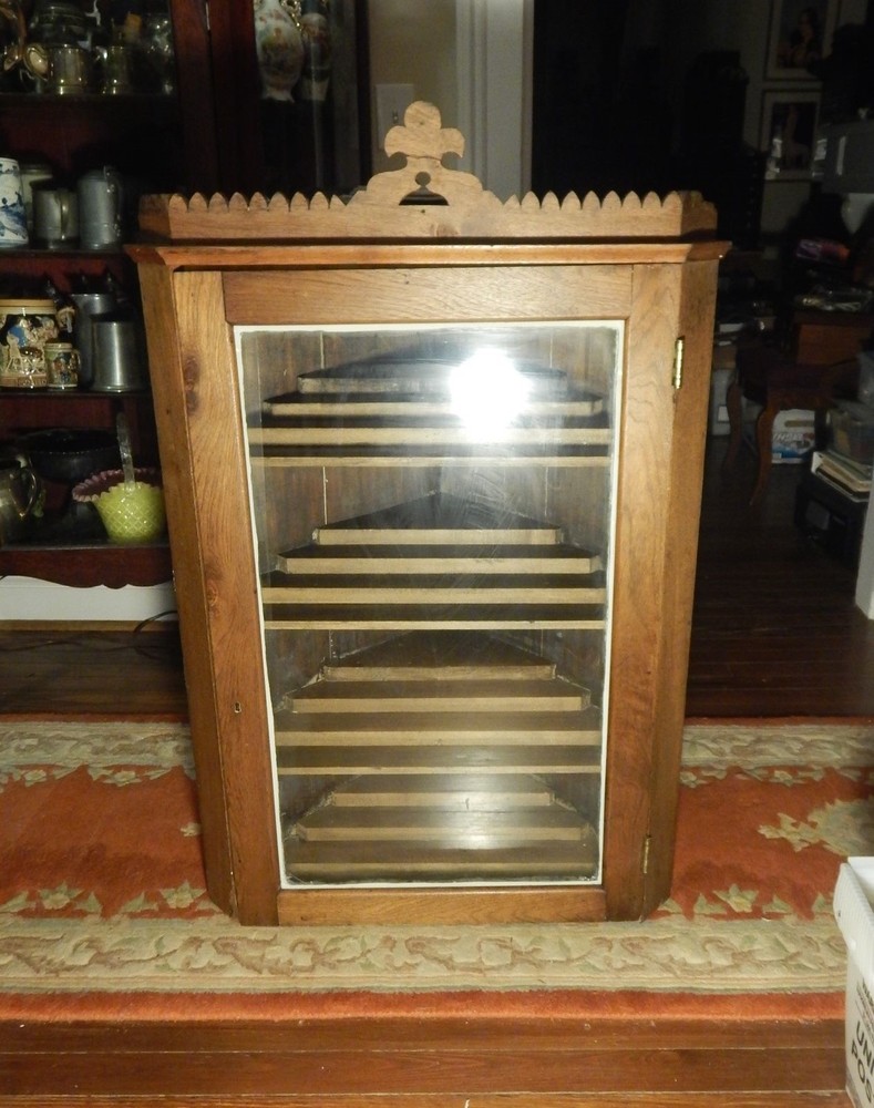 1800s Early Store Display Corner Cabinet With Glass Door Sits or Hangs 43″h