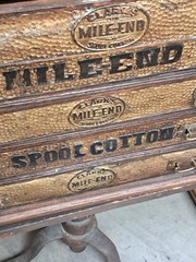 Antique Clark’s 6 Drawer Mile End Spool Cabinet – Solid Wood- Embossed Tin