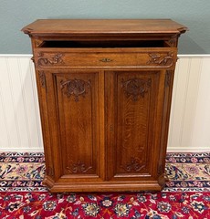 Antique French Double Door Cabinet Cupboard Carved Honey Oak Drawer early 20th