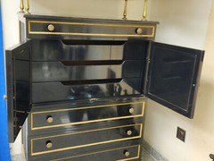 RARE CHIC 40’s GROSFELD HOUSE BLACK LACQUERED CABINET w/ CANE WORK & BRASS