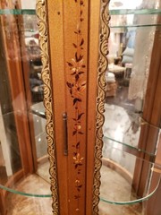 Antique Hand Painted Roses Wooden Curved Glass Curio Cabinet w/ Ormolu Trim