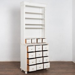 19th Century White Narrow Pine Bookcase Display Cabinet with Apothecary Drawers