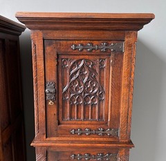 50″ Tall Pair of Vintage French Solid Oak Wood Highly Carved Gothic Cabinets