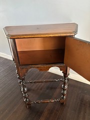 Antique 20s Jacobean Revival Gothic Copper Lined Wood Humidor Cabinet Side Table