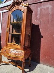 Antique Curio Bombay style Cabinet Carved Wood & Glass 3 Shelves