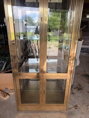 1970’s Mastercraft Vitrine 7ft Brass Wood Smoky Glass Curio Display Cabinet